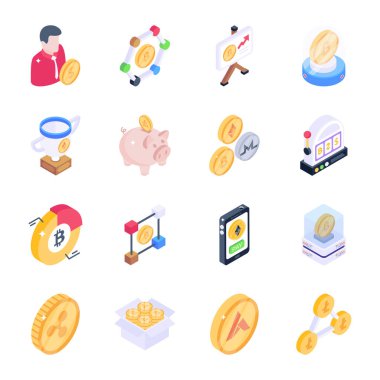 Bitcoin izometrik simgeler ayarlandı. Web için 25 para vektör simgesinin karikatür çizimi