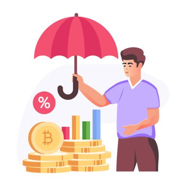 Para ve şemsiyeli para koruma kavramı. vektör illüstrasyonu