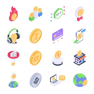 Bitcoin maden ikonları ayarlandı. izometrik illüstrasyon 