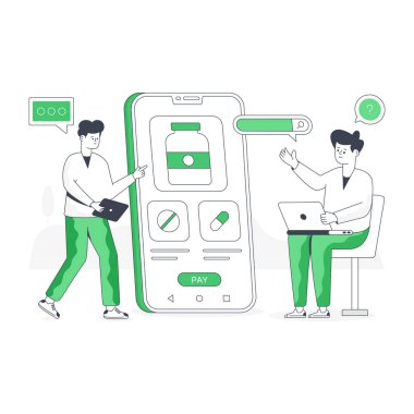 Akıllı telefon ve yeşil bitki vektörü çizimi olan adam.