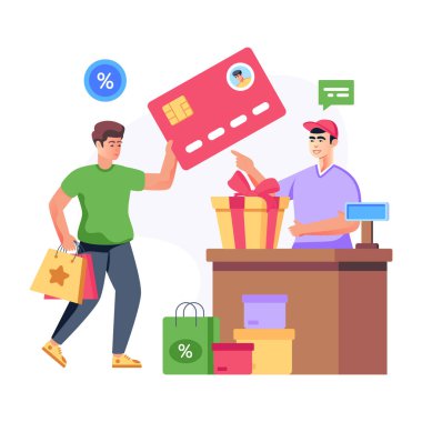 İnternetten alışveriş. Kredi kartı ve akıllı telefon vektör illüstrasyonlu kadın ve erkek.