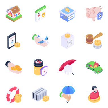 izometrik simgeler ayarlandı. Web için 9 para vektör simgesinin karikatür çizimi
