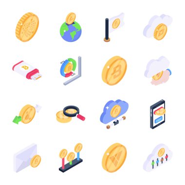 Bitcoin ve para simgeleri ayarlandı. Web için 9 iş vektörü simgesinin izometrik çizimi