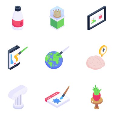 Eğitim, bilim ve tedavi teması elementlerinin vektör ikonları. 9 insan vücudunun izometrik çizimi.