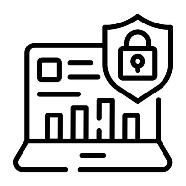 Güvenlik sistemi ikon vektörü. Dizüstü bilgisayar monitörünün ana hatları. izole edilmiş sınır çizimi