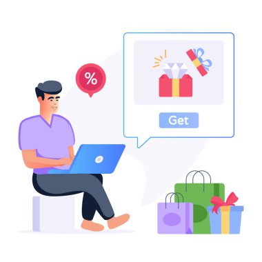 İnternet alışveriş konsepti. Dizüstü bilgisayarı ve hediye kutusu çizimi olan bir adam