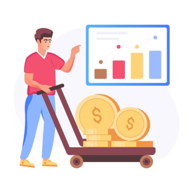 Para çantası ve para vektörü çizimi tasarımı olan bir adam