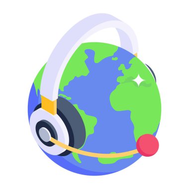 Çağrı merkezi simgesi. Dünya küre vektör illüstrasyonunun izometriği.