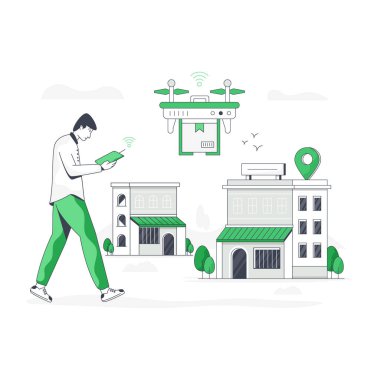 Şehirde akıllı telefonu ve sırt çantası olan bir adam var. vektör illüstrasyonu