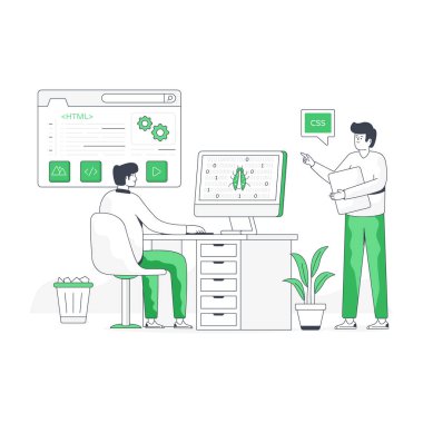 Dizüstü bilgisayarda çalışan bir kadın ve erkeğin vektör çizimi.