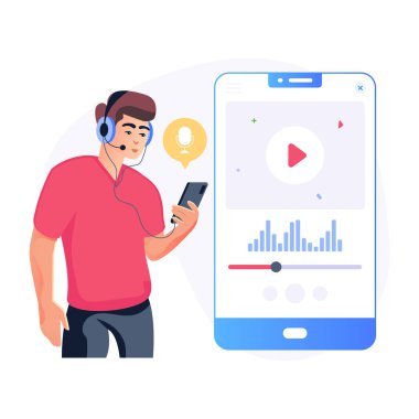 Akıllı telefonu ve kulaklığı olan adam vektör çizimi tasarımı