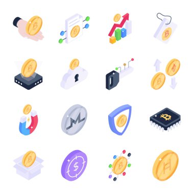 Bitcoin izometrik simgeler ayarlandı. Web tasarımı için kripto para birimi maden vektör simgesinin düz çizimi