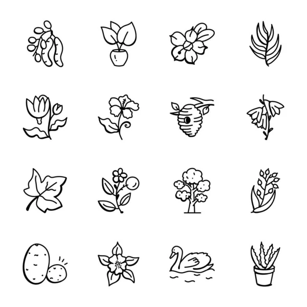 Illustration Vectorielle Symbole Végétal Floral Collection Arbres Fleurs Stock Signe — Image vectorielle