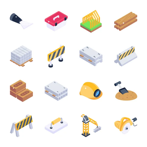 Iconos Isométricos Construcción Equipos Industriales Ilustración Vector Aislado — Archivo Imágenes Vectoriales