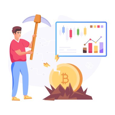 Kazma ve Bitcoin vektör illüstrasyonu tutan adam