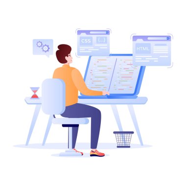 Genç adam dizüstü bilgisayar ve programlama kodlaması, vektör illüstrasyonu ile çalışıyor.