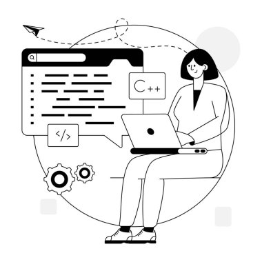 Laptop bilgisayarı ve bulut hesaplama vektörü çizimi olan kadın