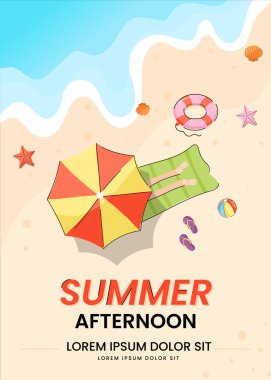 Güneş, denizyıldızı, palmiye, ağaç ve şemsiyeli yaz plajı. vektör illüstrasyonu