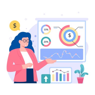 Finansal grafik ve grafik vektör çizimi tasarımlı iş kadını