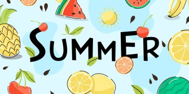 Meyve ve böğürtlenli yaz. vektör illüstrasyonu