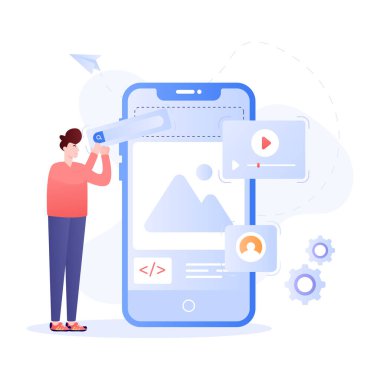 Megafon ve cep telefonu olan kişi, medya pazarlamasının düz çizimi