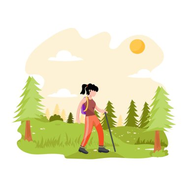 Sırt çantalı genç bir kadın orman vektör çiziminde yürüyüş yapıyor.