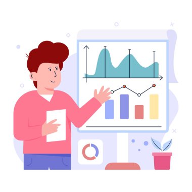 Dizüstü bilgisayarı ve grafik vektör çizimi tasarımı olan bir iş adamı