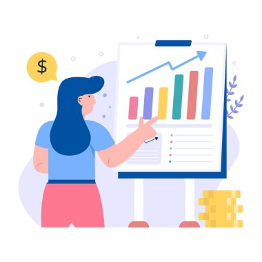 Finans tablosu ve istatistik vektör illüstrasyonu olan iş kadını