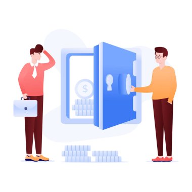 Nakit kasası olan kişiler, banka depozitosunun düz çizimleri.