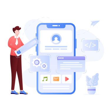 Online arama konsepti. Bir erkek ve bir kadınla akıllı telefon. vektör illüstrasyonu