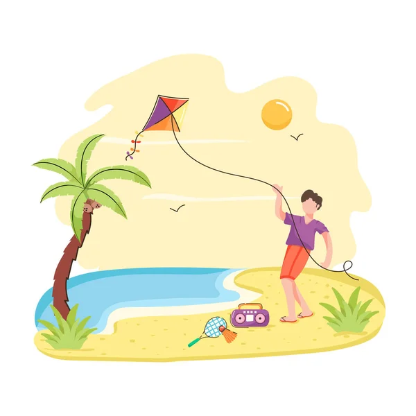 Glückliche Kinder Spielen Mit Drachen Strand Sommerferienkonzept — Stockvektor