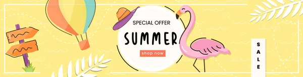 Zomer Verkoop Banner Sjabloon Met Tropische Bladeren Bloemen Vectorillustratie — Stockvector