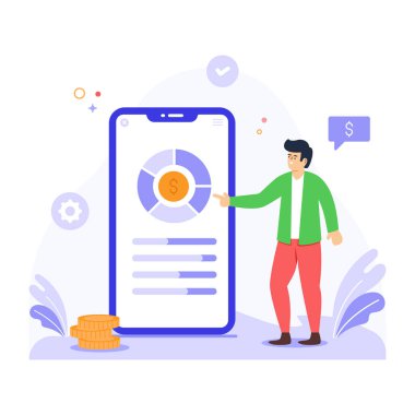 Akıllı telefona sahip iş adamı ve büyüteç vektör çizimi tasarımı