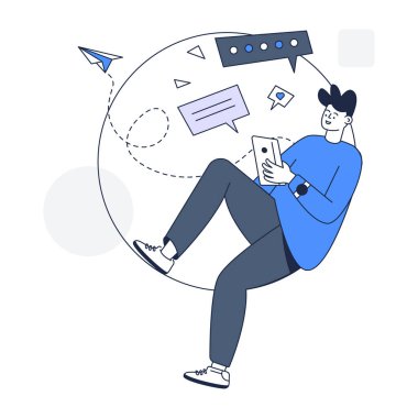 Dizüstü bilgisayarı ve akıllı telefon vektör çizimi tasarımı olan bir adam