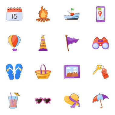 Yaz tatili ikonları hazır. Web için 16 plaj vektör simgesinin karikatür çizimi