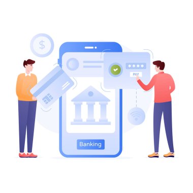 İnternet alışveriş konsepti. Banka ve paranın vektör illüstrasyonu