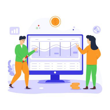 Çevrimiçi verileri izleyen kişiler, borsanın düz illüstrasyonları