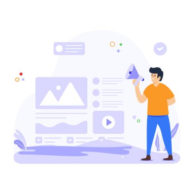 Elinde megafon tutan kişi, dijital pazarlama konsepti düz çizim