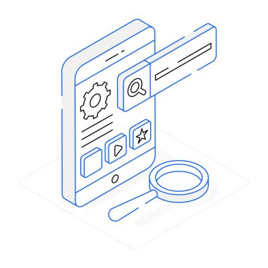 Büyüteç ve arama vektörü illüstrasyonlu izometrik akıllı telefon