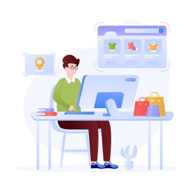 İnternetten alışveriş. Laptop, akıllı telefon, kahve fincanı, tablet, bilgisayar, vektör illüstrasyonu ile çalışan adam