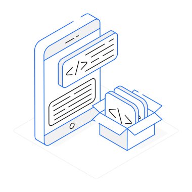 Mesajlı izometrik hat akıllı telefon ve ekranında metin olan cep telefonu. vektör illüstrasyonu