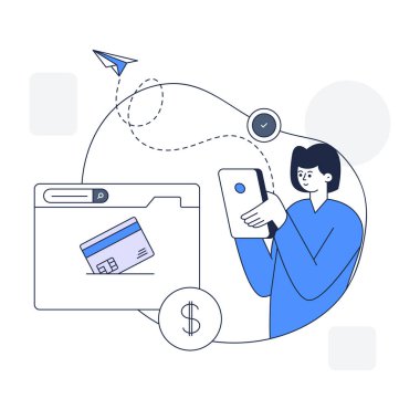 Akıllı telefonlu online alışveriş konsepti ve dizüstü bilgisayarı olan kadın, vektör illüstrasyonu