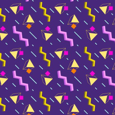 Memphis tarzı kusursuz bir model. Modern geometrik arka plan. Renkli değişken şekiller. vektör illüstrasyonu.