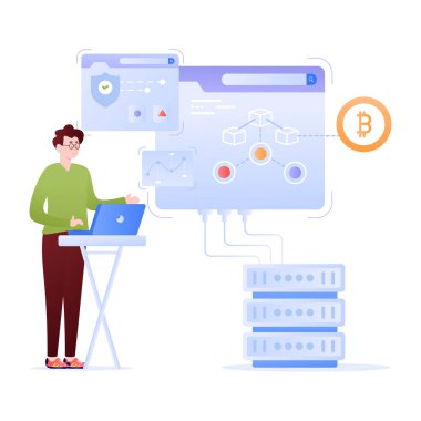 Dizüstü bilgisayarı ve bulut hesaplama vektör çizimi tasarımı olan adam