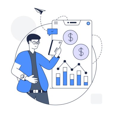 Finansal sembolleri ve grafikleri olan bir iş adamı. vektör illüstrasyonu