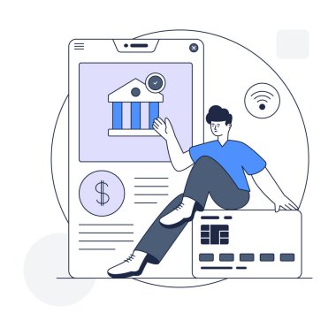 Akıllı telefon ve kredi kartı vektör illüstrasyon tasarımına sahip iş adamı