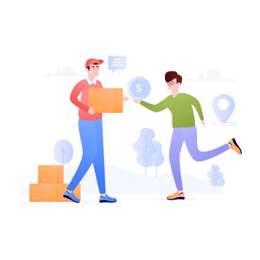 Kutuları olan ve içinde karton vektör çizimi olan bir adam