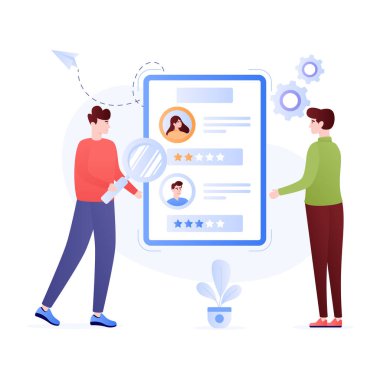 Akıllı telefonlu genç adam ve kadın ve büyüteç vektör çizimi tasarımı