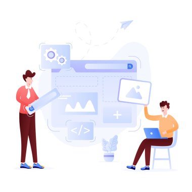 Bilgisayarlı ve akıllı telefonlu iş adamları birlikte çalışıyor. vektör illüstrasyonu