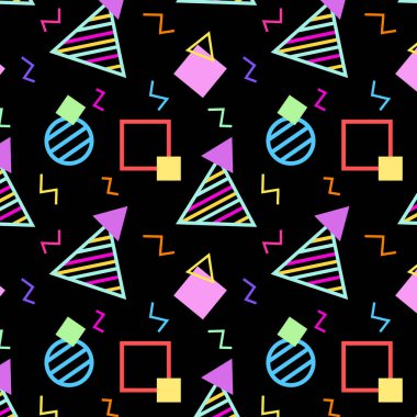 Memphis tarzı kusursuz bir model. Geometrik şekilli soyut bir arkaplan. vektör illüstrasyonu.